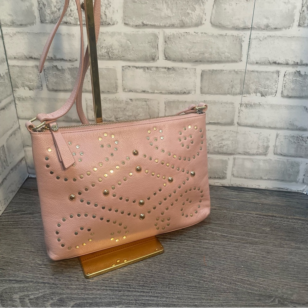 Emma Fox blush pink pebbled leather crossbody bag. Gold stud detail. Preowned.
